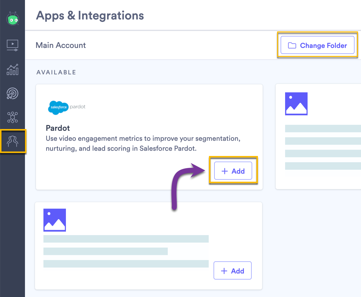 Selecting the Add button next to Pardot on the integration page in Vidyard