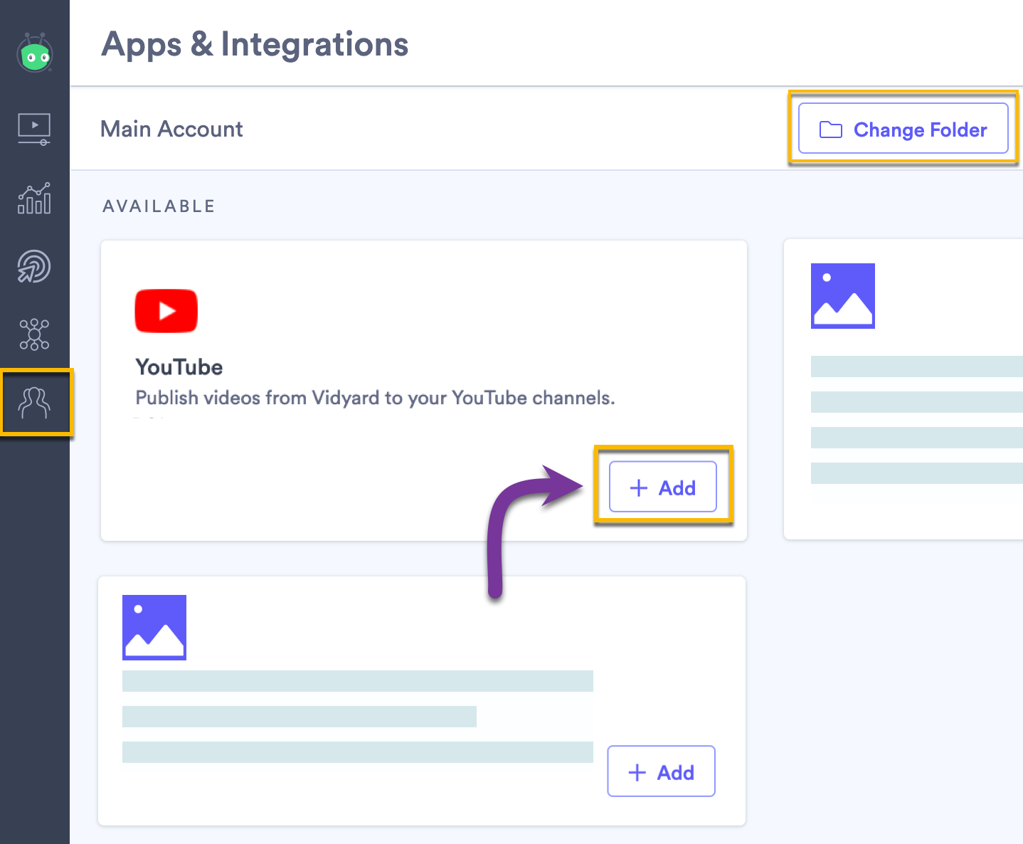 Vidyard Teams integration page showing how to add a YouTube integration