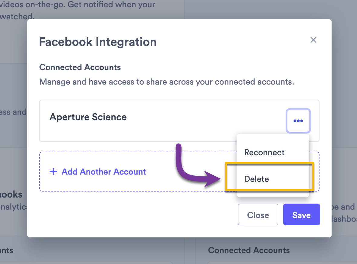 Menu open next to a Facebook account with deletion option selected