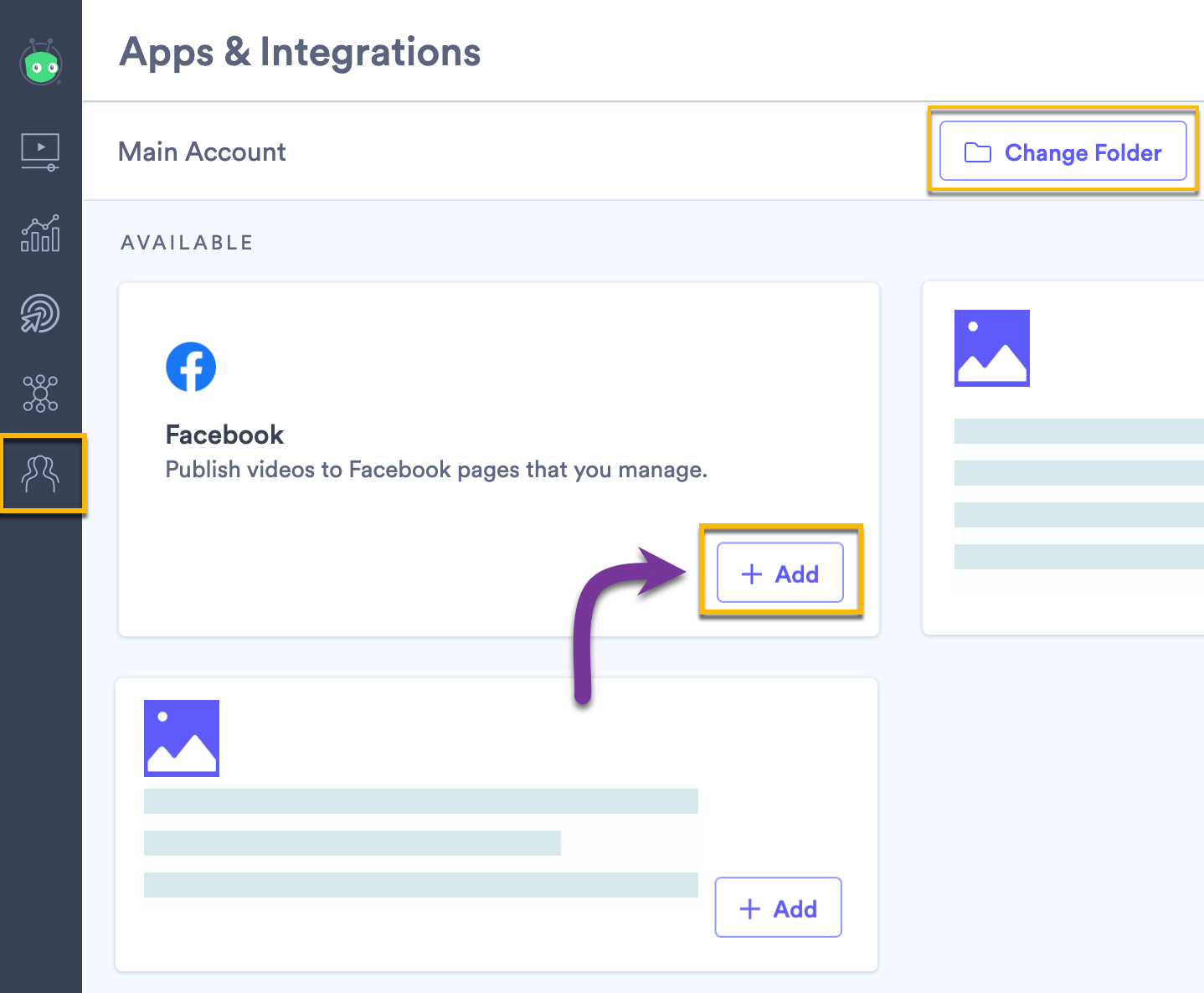 Opening the integration page in Vidyard to connect a Facebook account