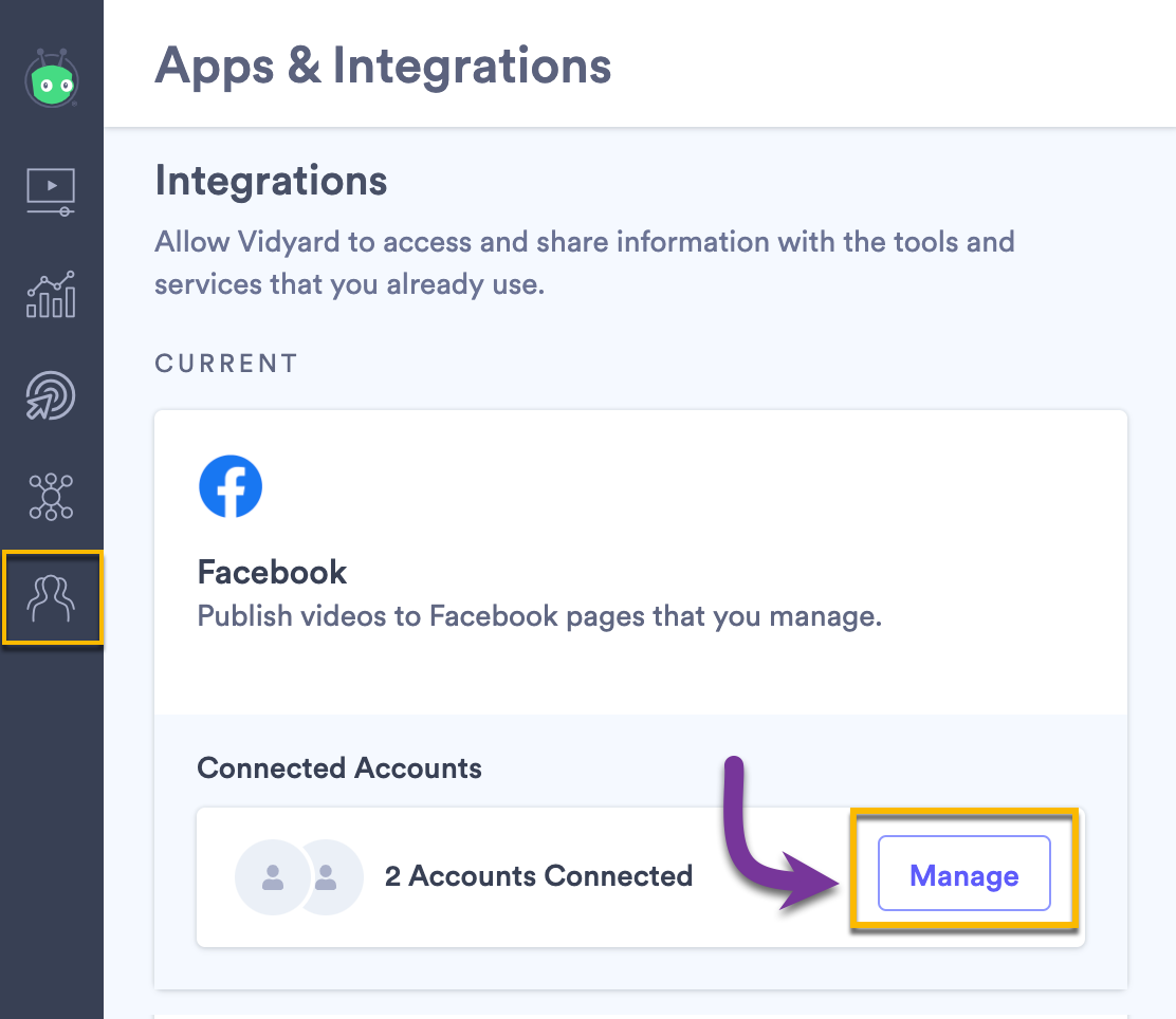 Integrations page with Facebook management button selected to remove connected accounts