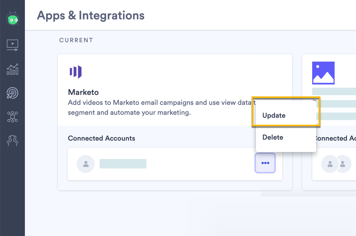 Integrations page showing Marketo menu open with Update option selected