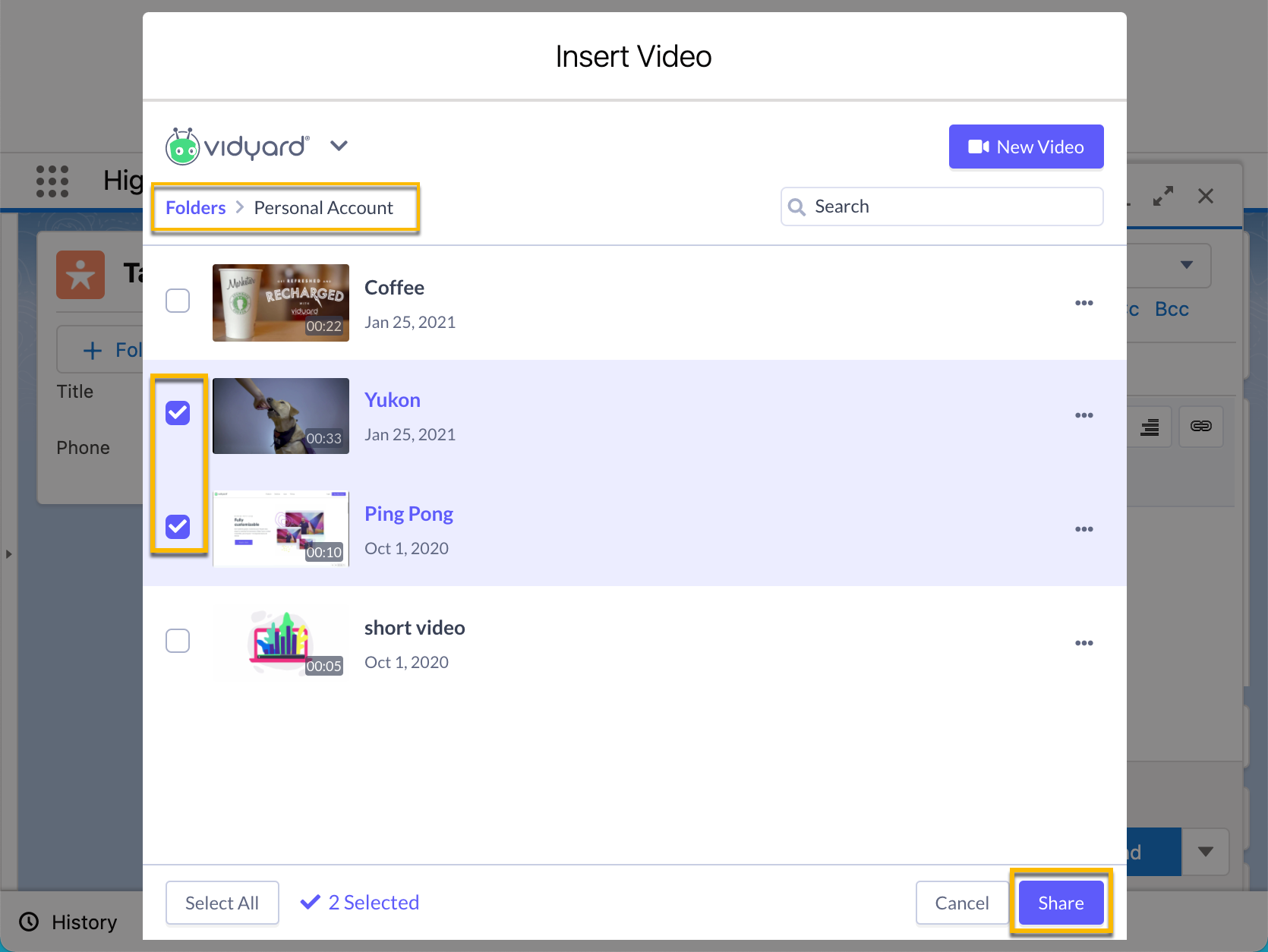 Selecting videos from your video library to share in an email