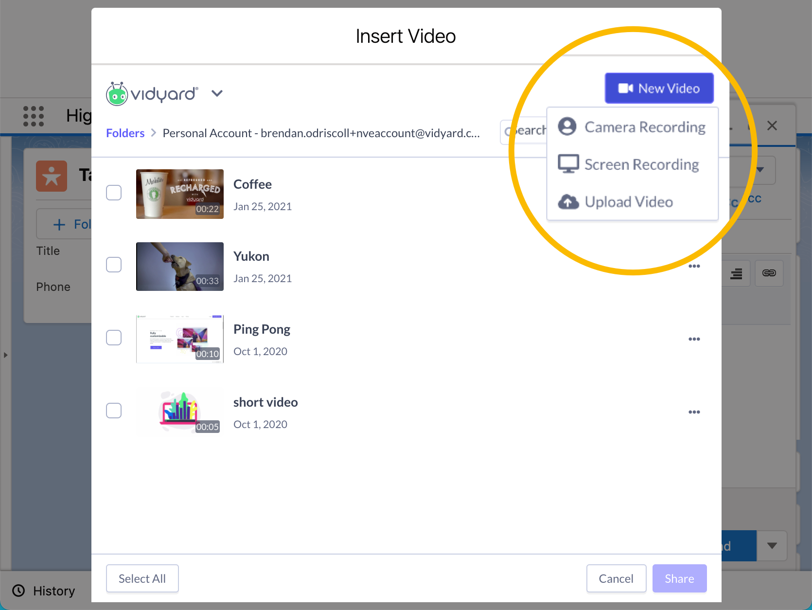 Opening the menu in your video library to record or a upload new video