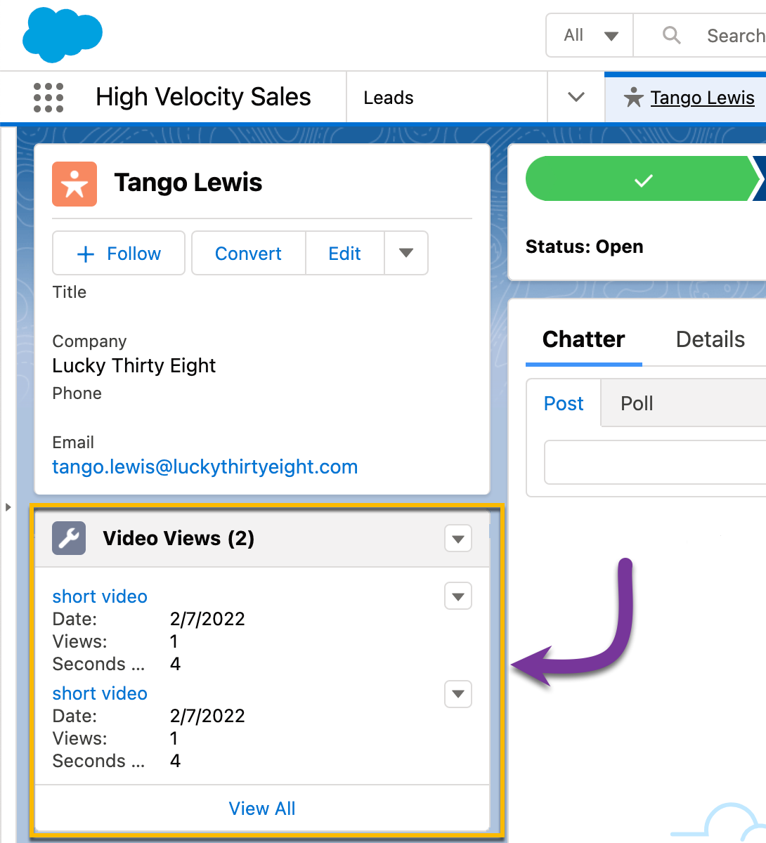 The Video Views list that you can add to contact, lead or user records when you have Vidyard's Salesforce integration
