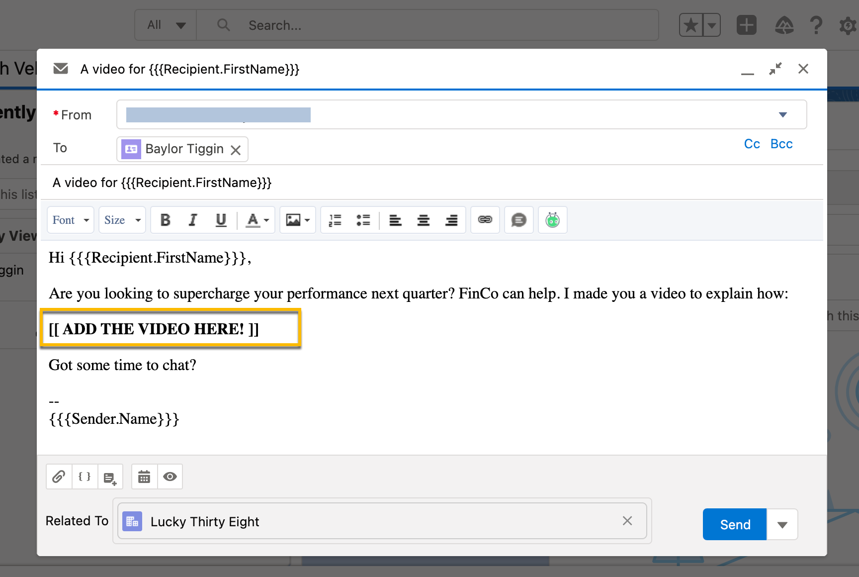 A email template in High Velocity Sales that includes a placeholder for where team members should include a video
