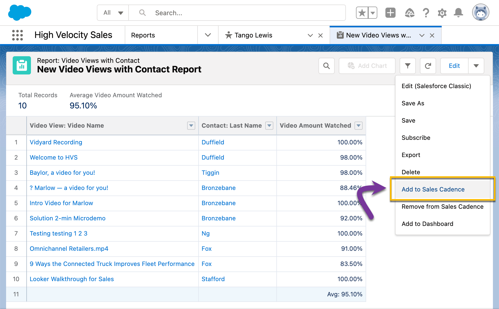 Selecting the option in a Report to add all listed leads to a new sales cadence