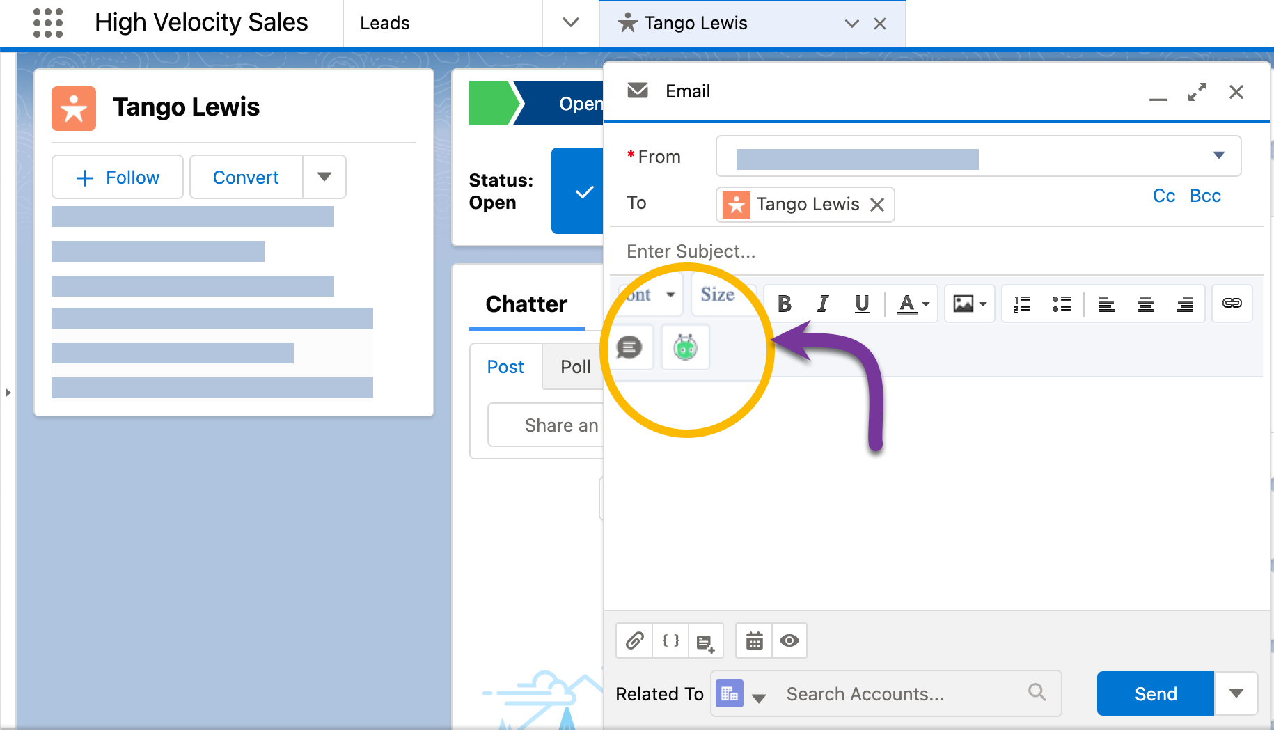 Clicking on the Vidyard icon in a new email message in High Velocity Sales