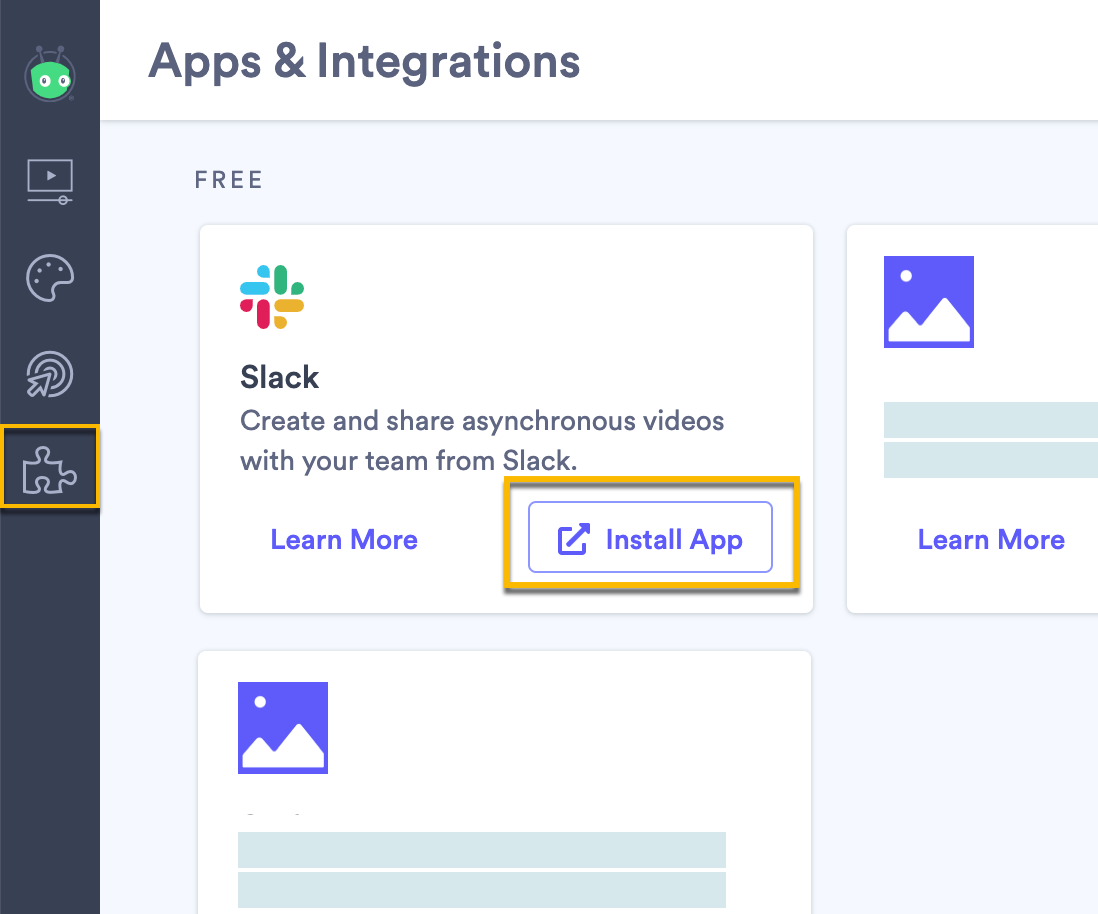 Vidyard integrations page showing Slack app installation option