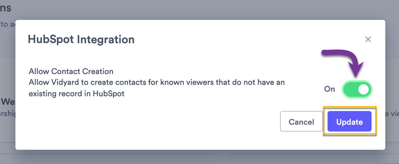 Enabling the integration setting to allow Vidyard to create new contacts in HubSpot