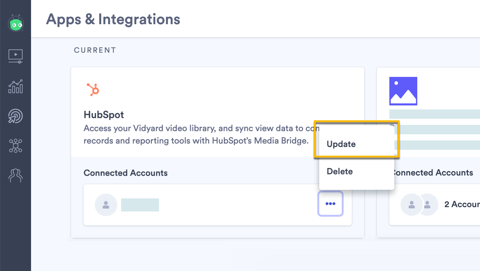 Opening the menu next to the HubSpot integration in Vidyard, then selecting Update