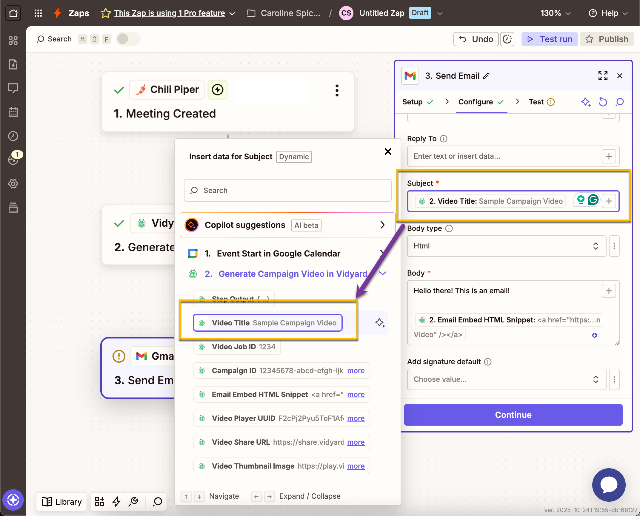 Gmail subject line field with data for Vidyard video title selected from dropdown menu