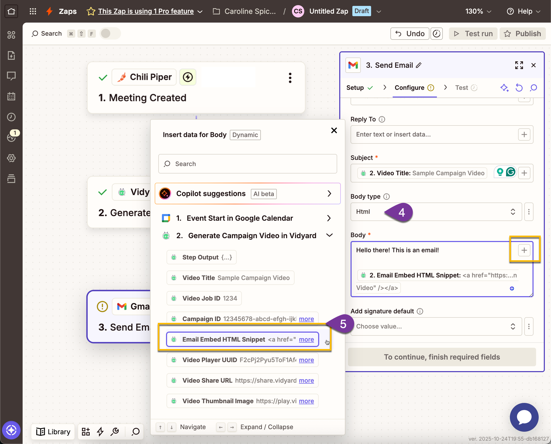 Gmail Zap action with HTML body type selected and email snippet entered into body of email