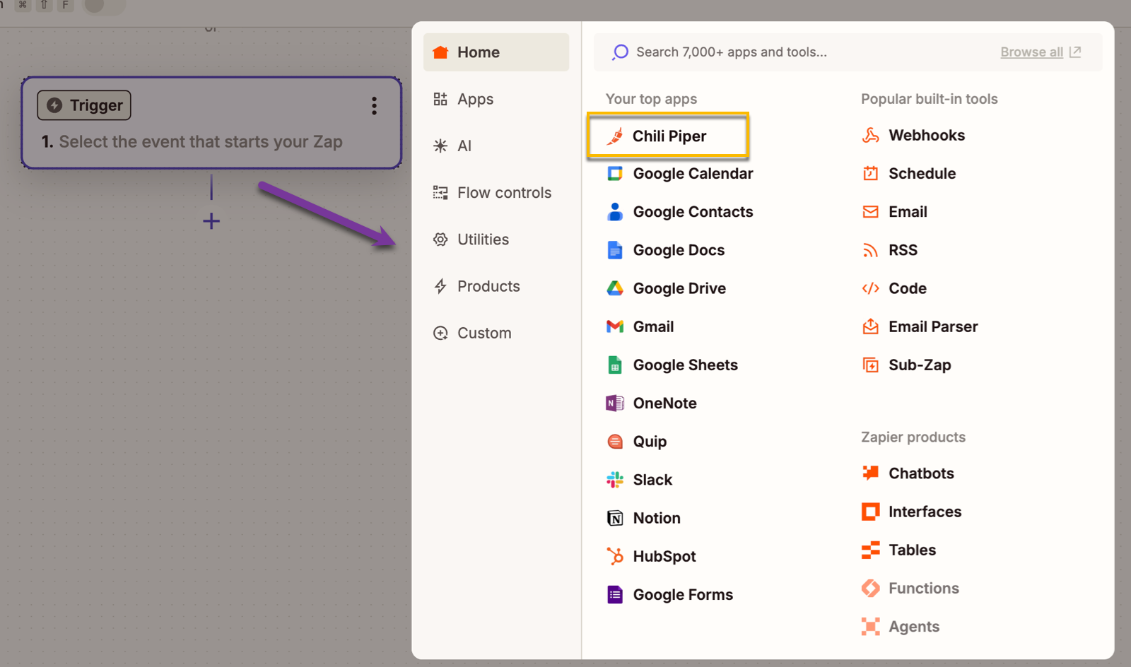 List of available apps that can be used for triggers in a Zap with Chili Piper option highlighted