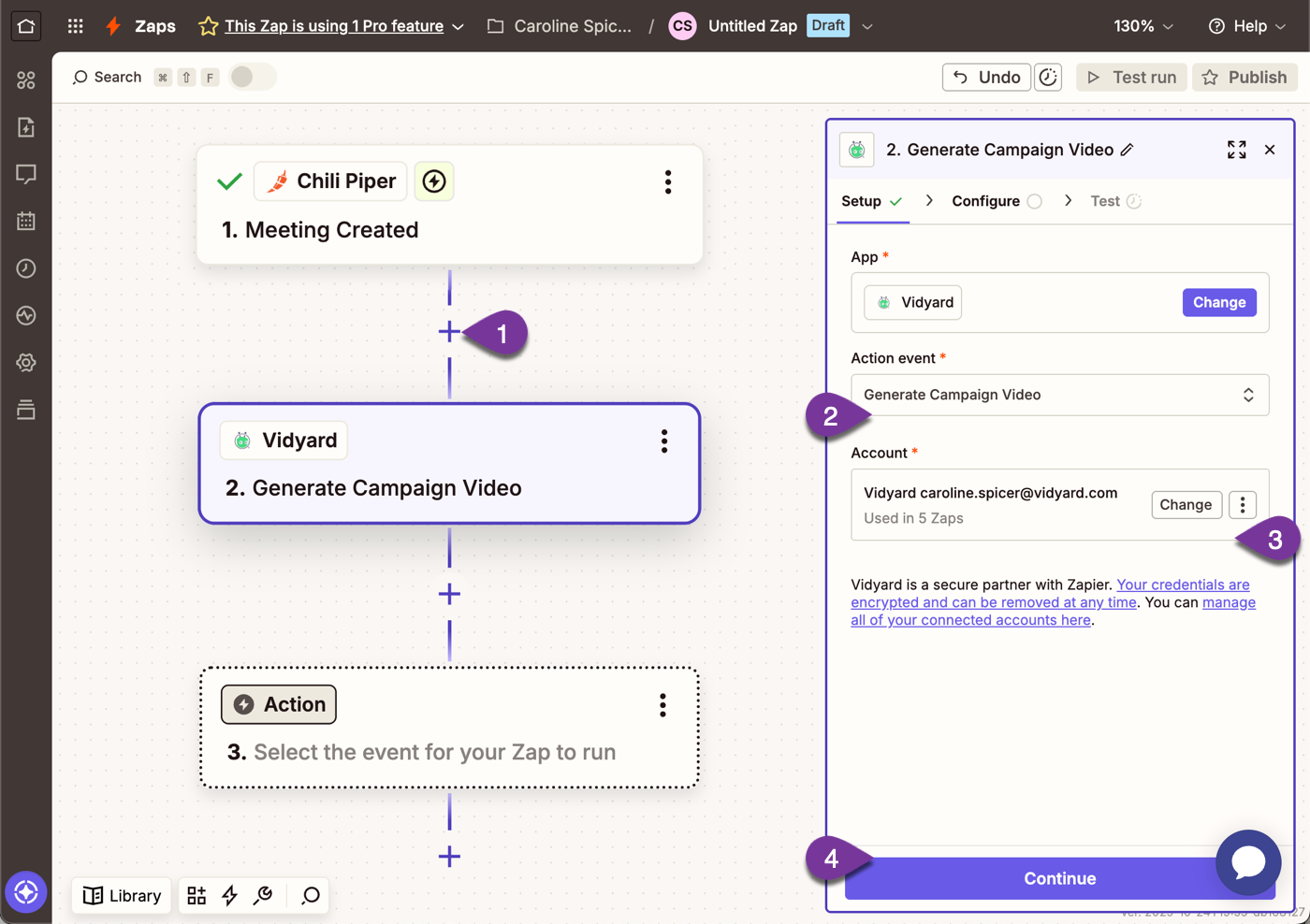 Vidyard action event to generate new videos for a Vidyard campaign when a Zap triggers