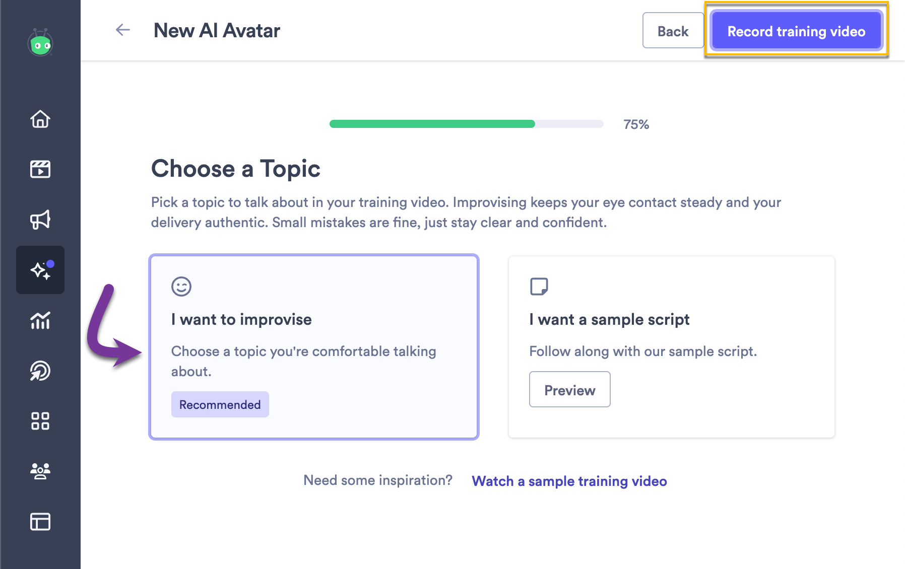Choose a topic screen with options to use a sample script or improvise a video