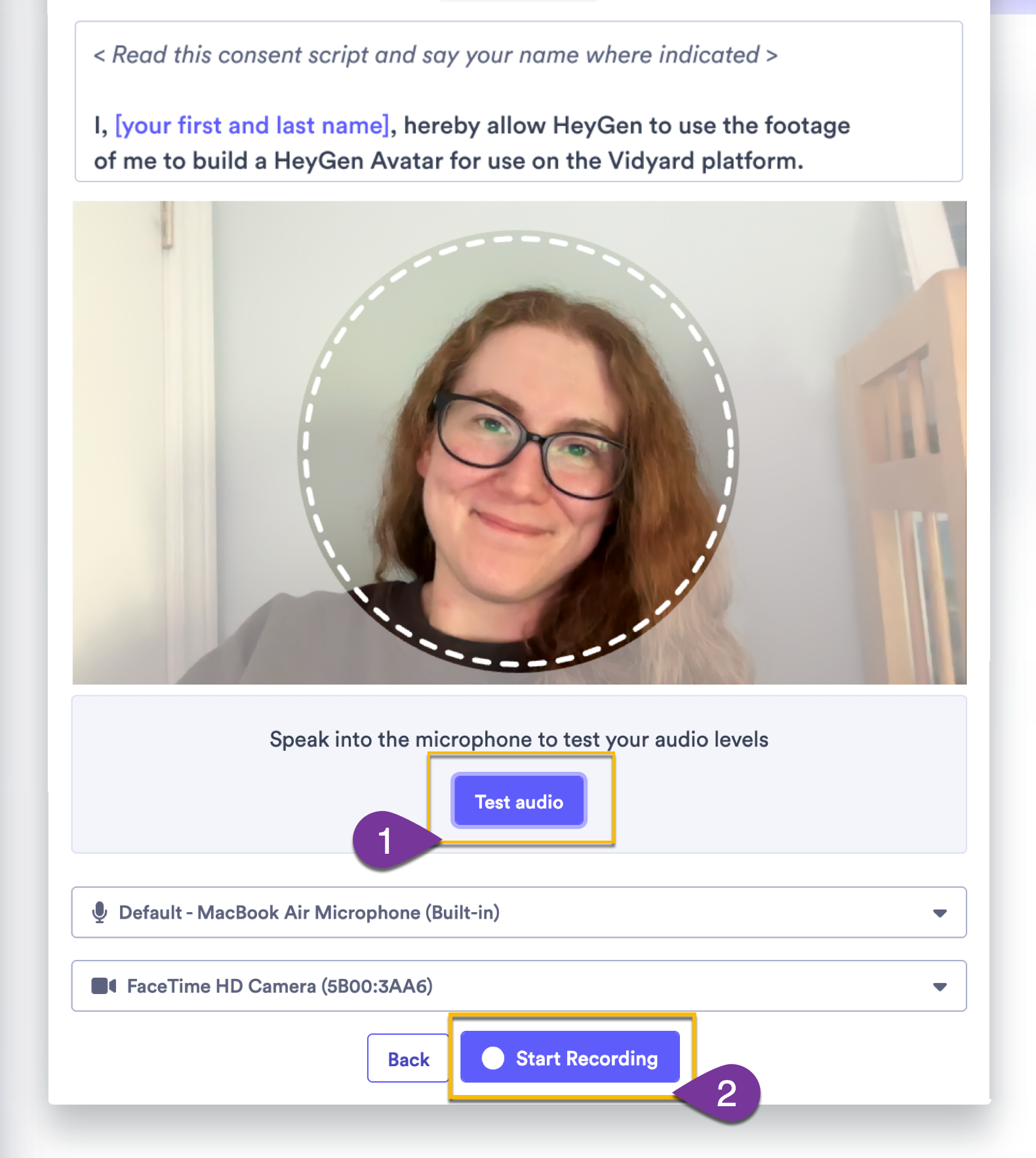 Consent video recording screen with test audio and start recording buttons highlighted