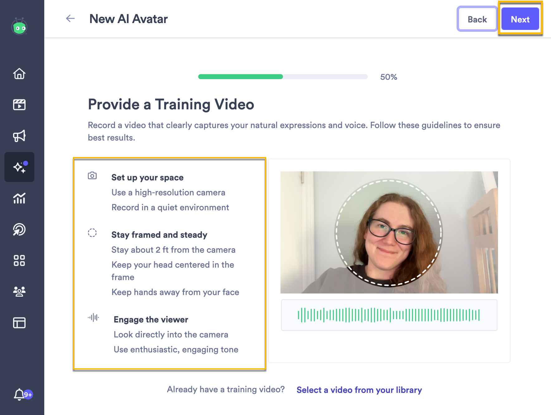 Tips on how to set up your space, framing, and tone before recording your video, with option to pick an existing video from your library