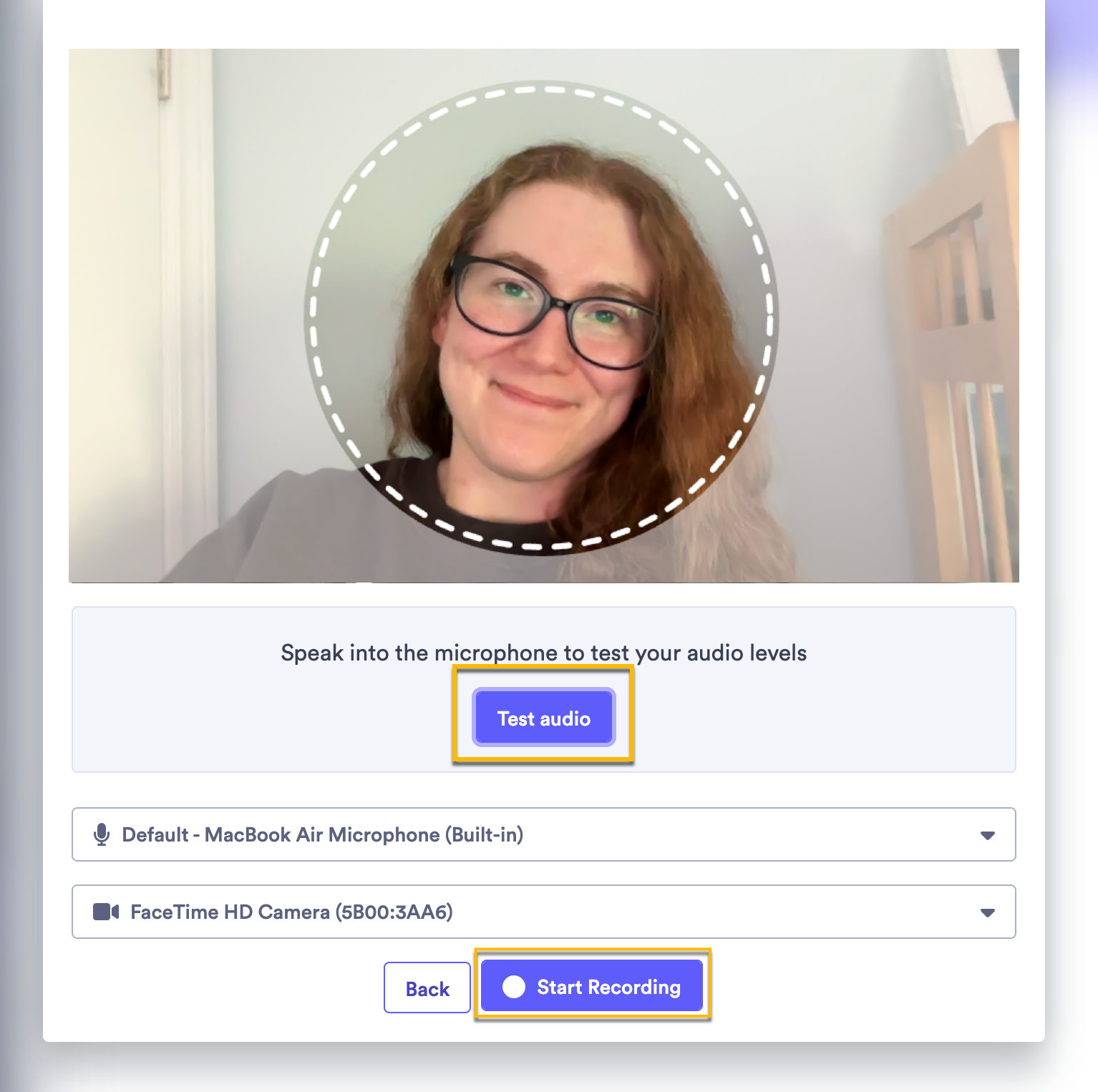 Recording modal open with audio testing button and start recording button highlighted