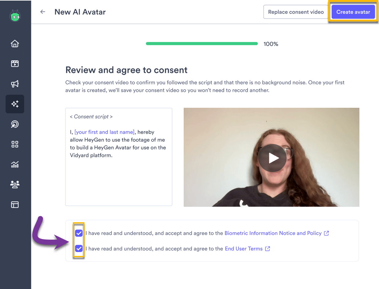 Finished consent video with script beside video for reference and checkboxes for terms and conditions checked