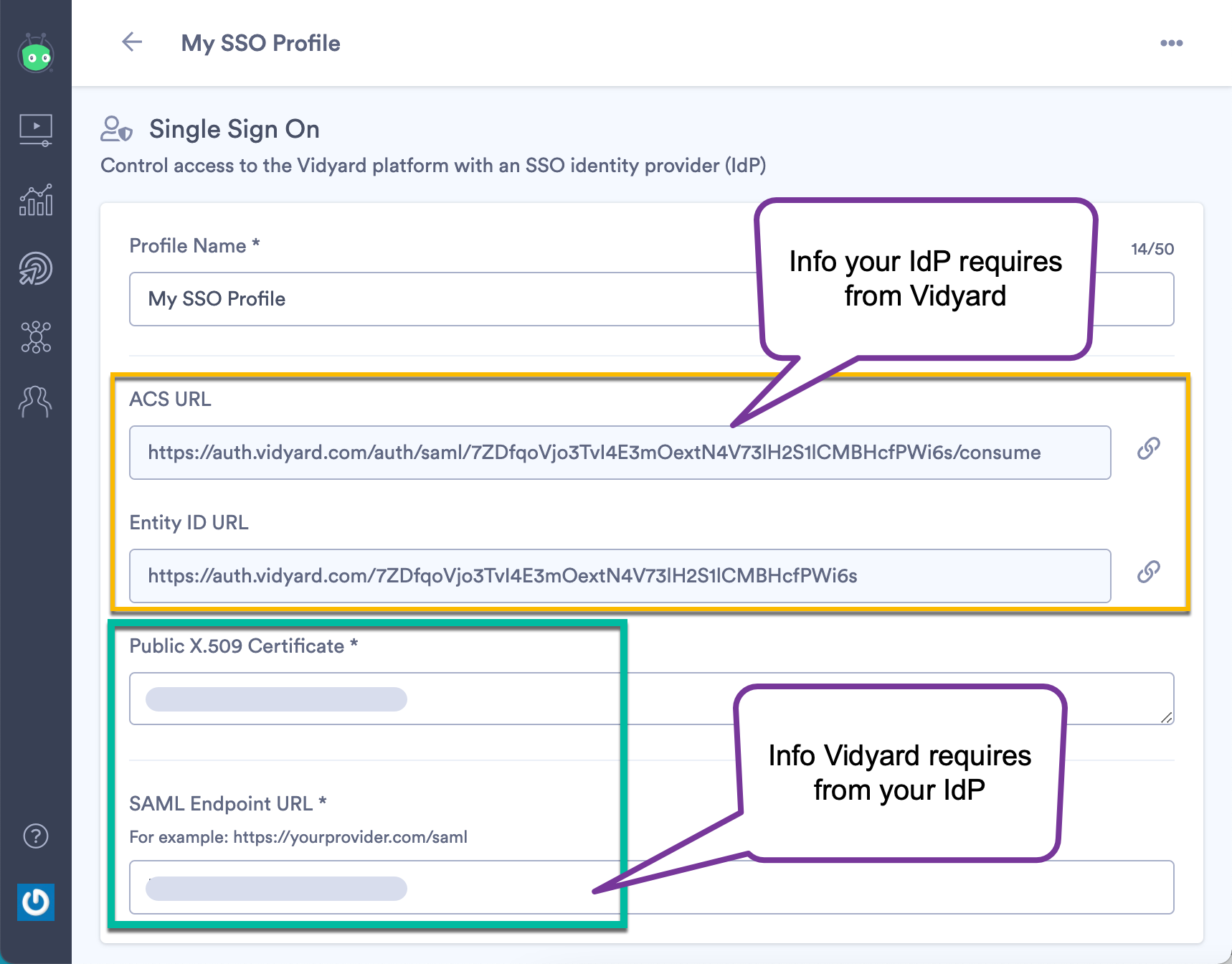 Pasting the X.509 Certificate and SAML Endpoint values from your IdP into the corresponding fields in the new SSO profile