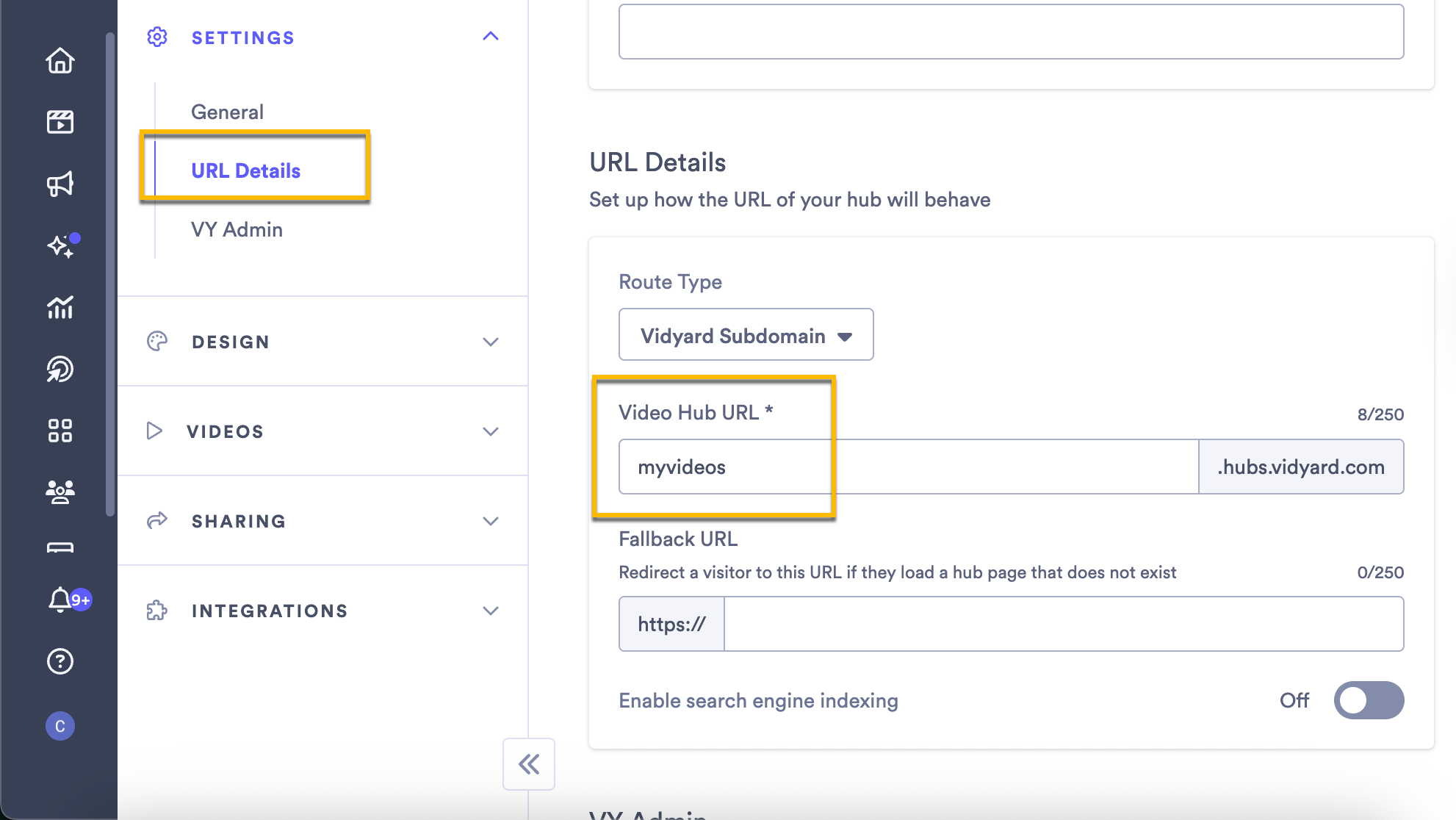 Vidyard Hub with settings menu open and new domain selected