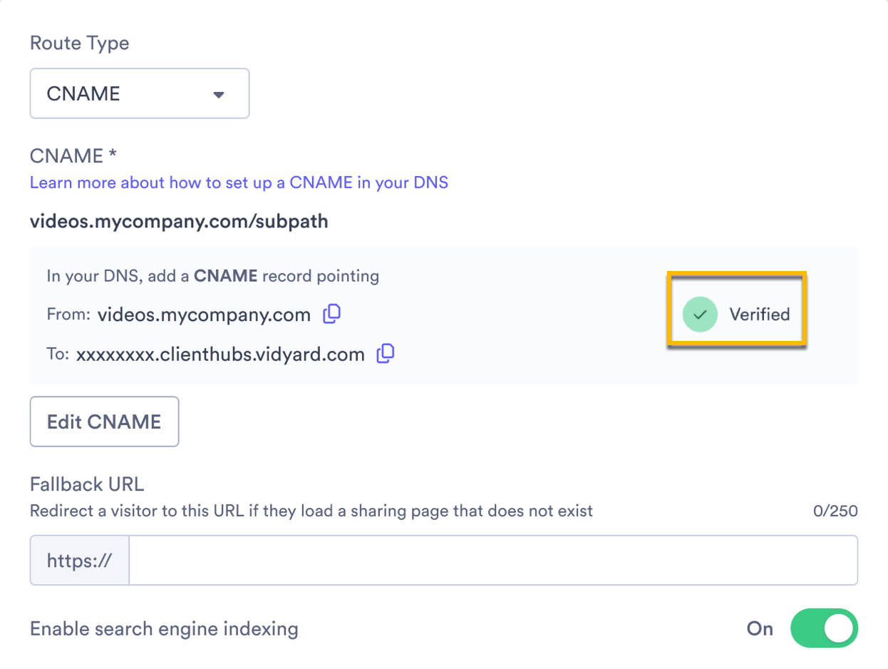 Vidyard CNAME for sharing page set up and verified in DNS record