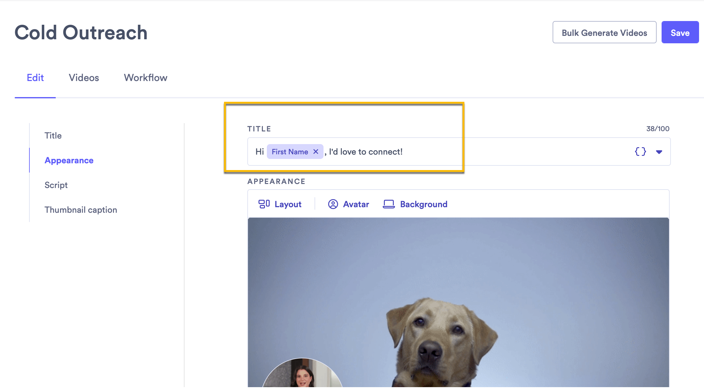 Campaign main page with title using dynamic first name variable highlighted