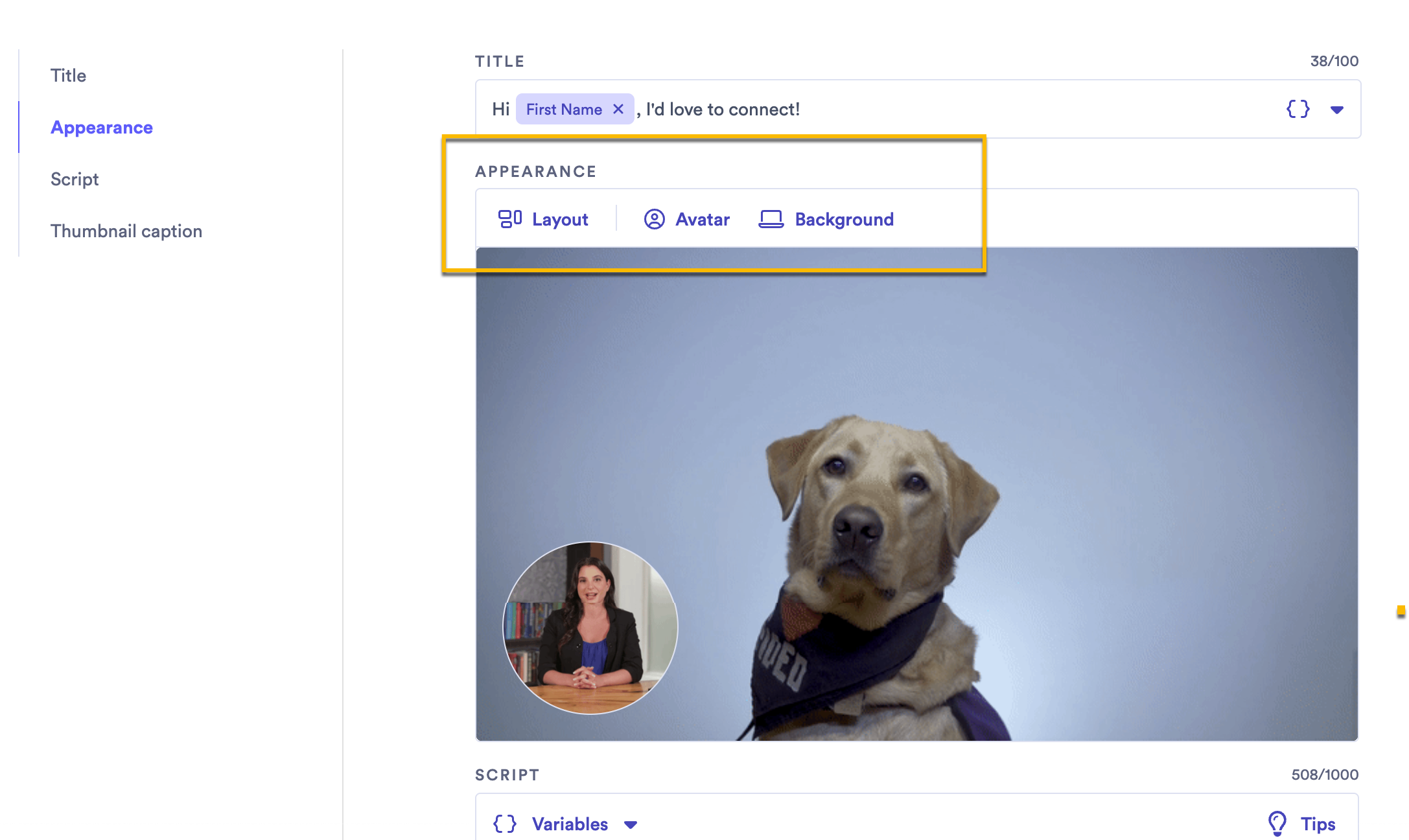 Campaign appearance section showing options for layout, avatar, and background