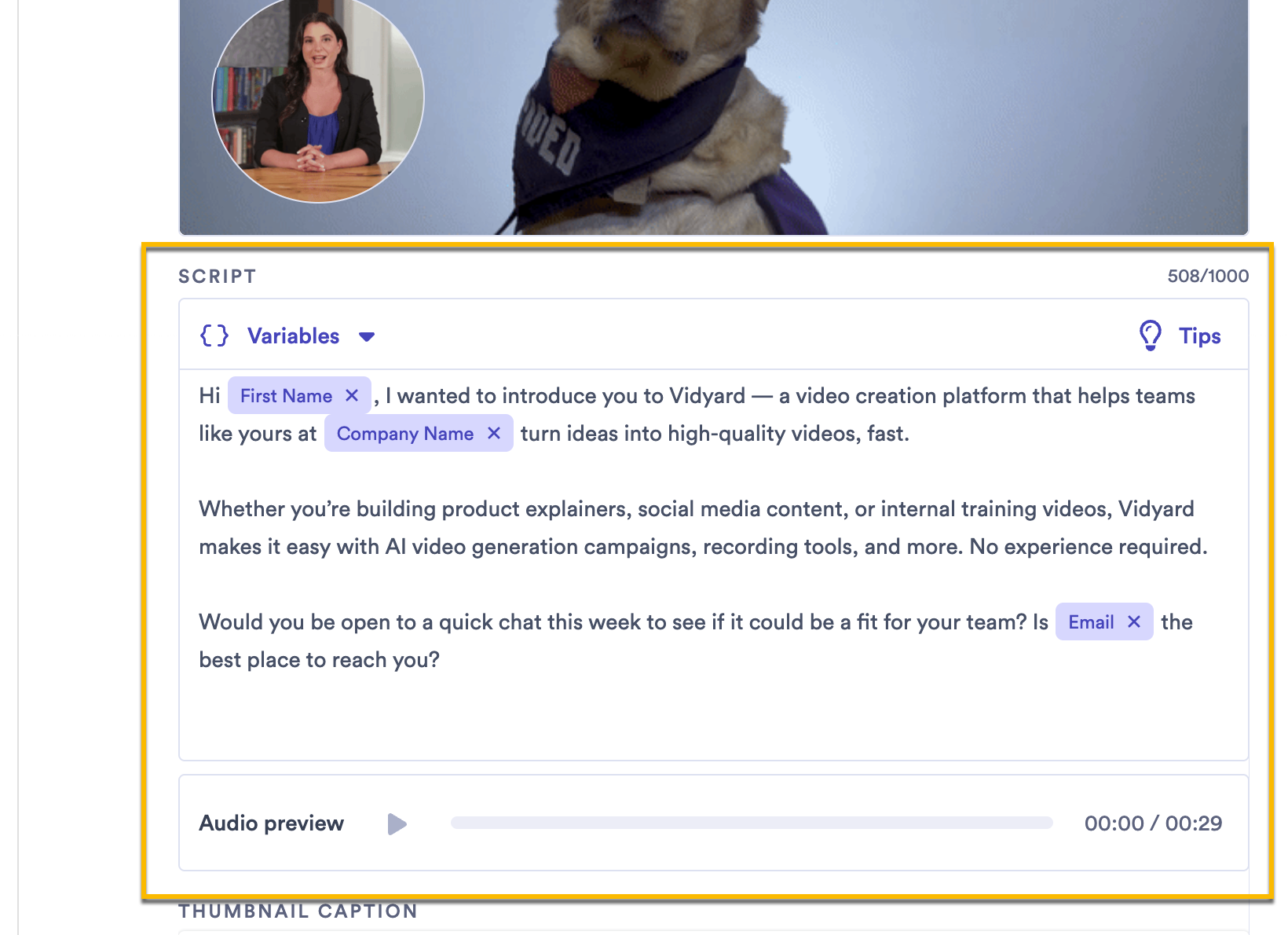 Campaign script section filled out with sample script, with audio preview to test sound
