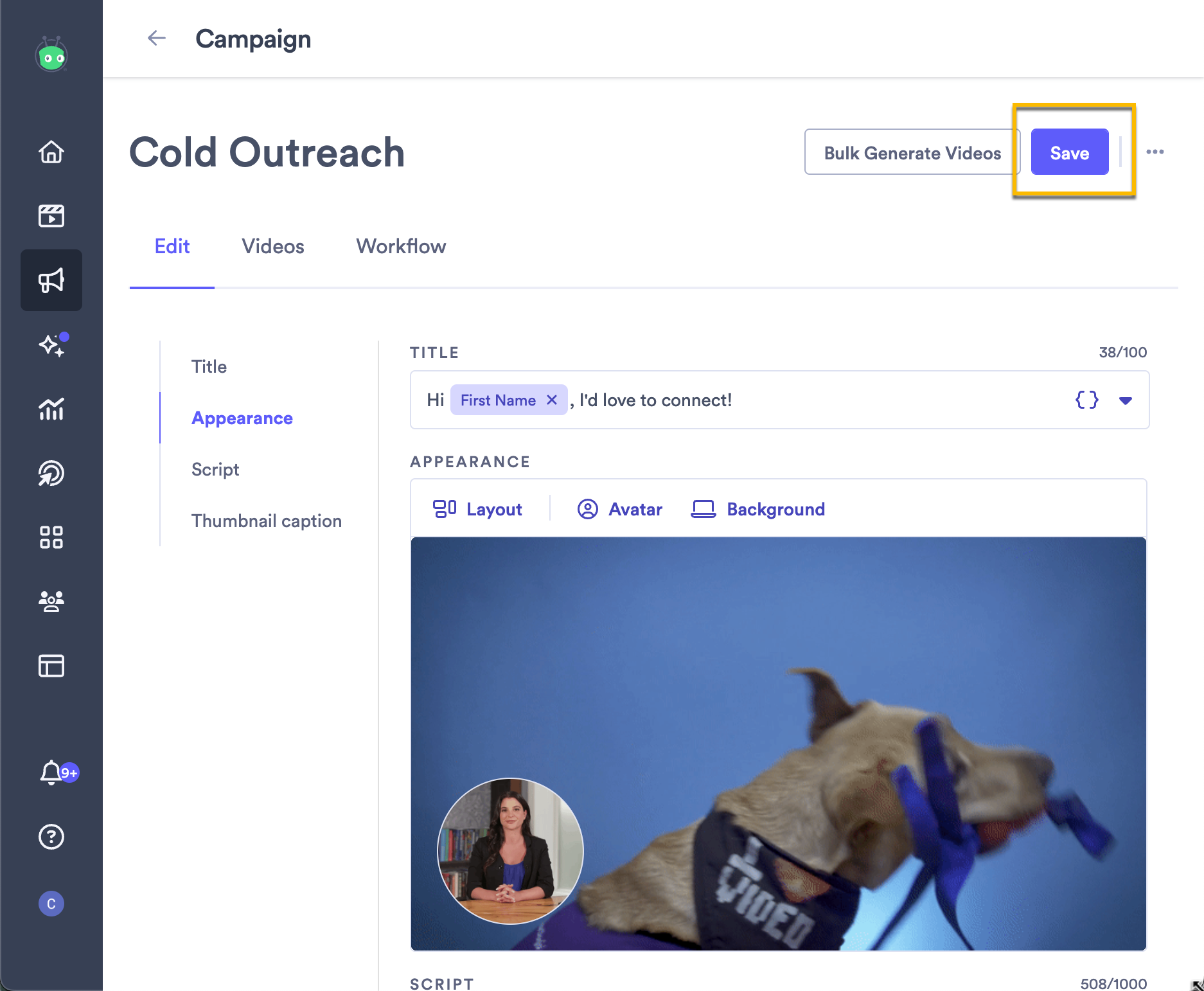Campaign full page example with save button highlighted at the top of the page