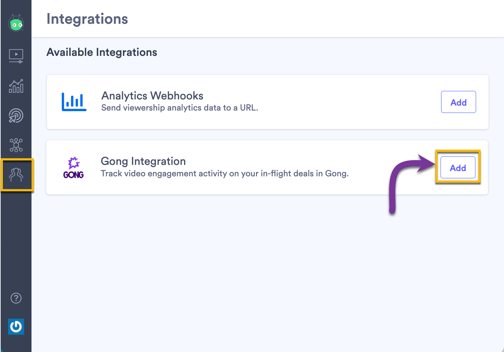 Selecting the Add button next to Gong on the integrations page in Vidyard