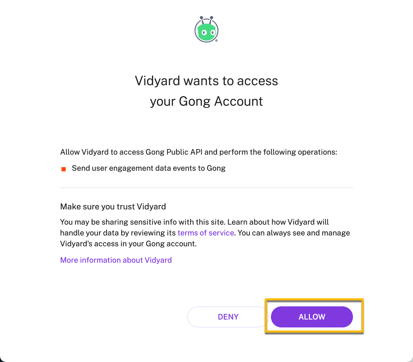 While connecting Vidyard to Gong, selecting the Allow button to give Vidyard access to your account