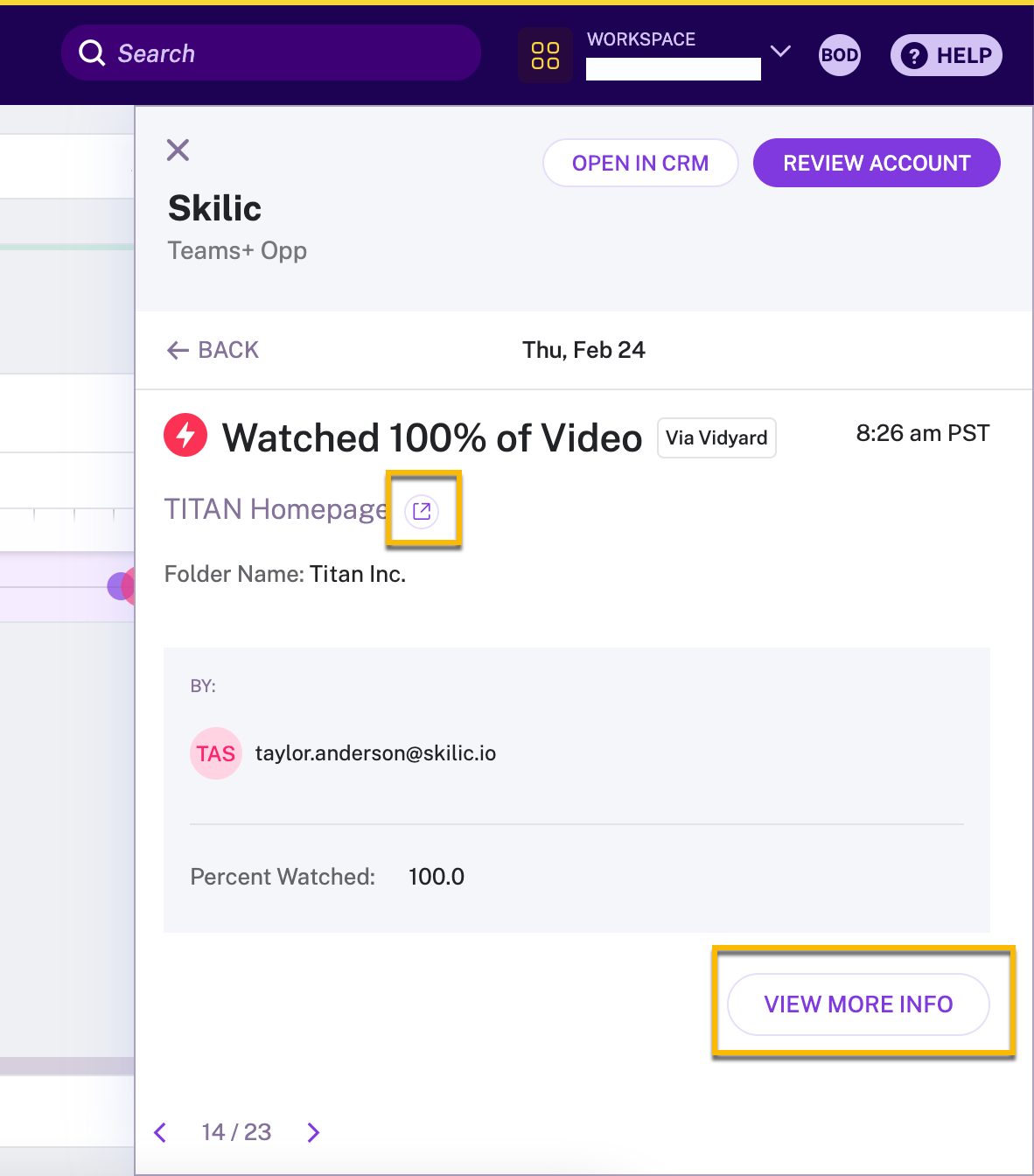 Highlighting the two links within a video engagement event: one to the video's sharing page, another to the edit page for the video in Vidyard