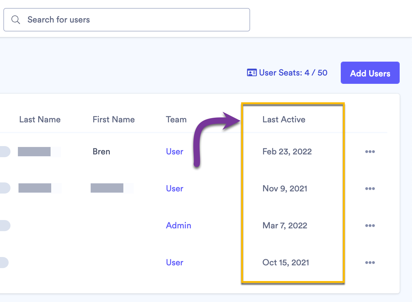 The Last Active column on the Users page within Vidyard