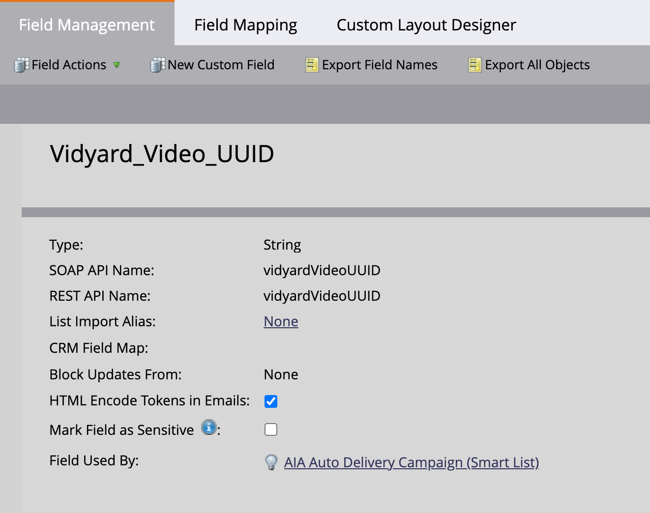 Marketo field management page with new custom Vidyard UUID field added