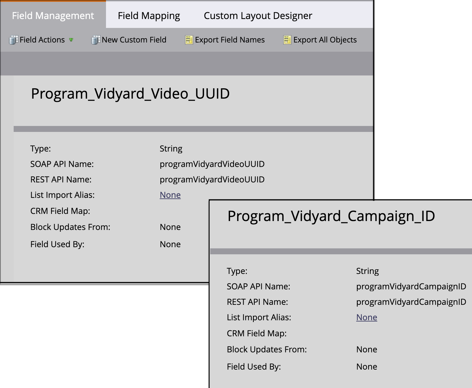 Marketo field management page with new custom Program Vidyard UUID and Campaign ID fields added