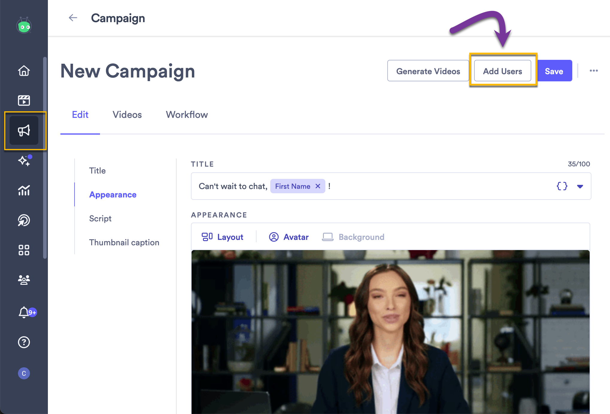 Campaign page with button to add new users highlighted
