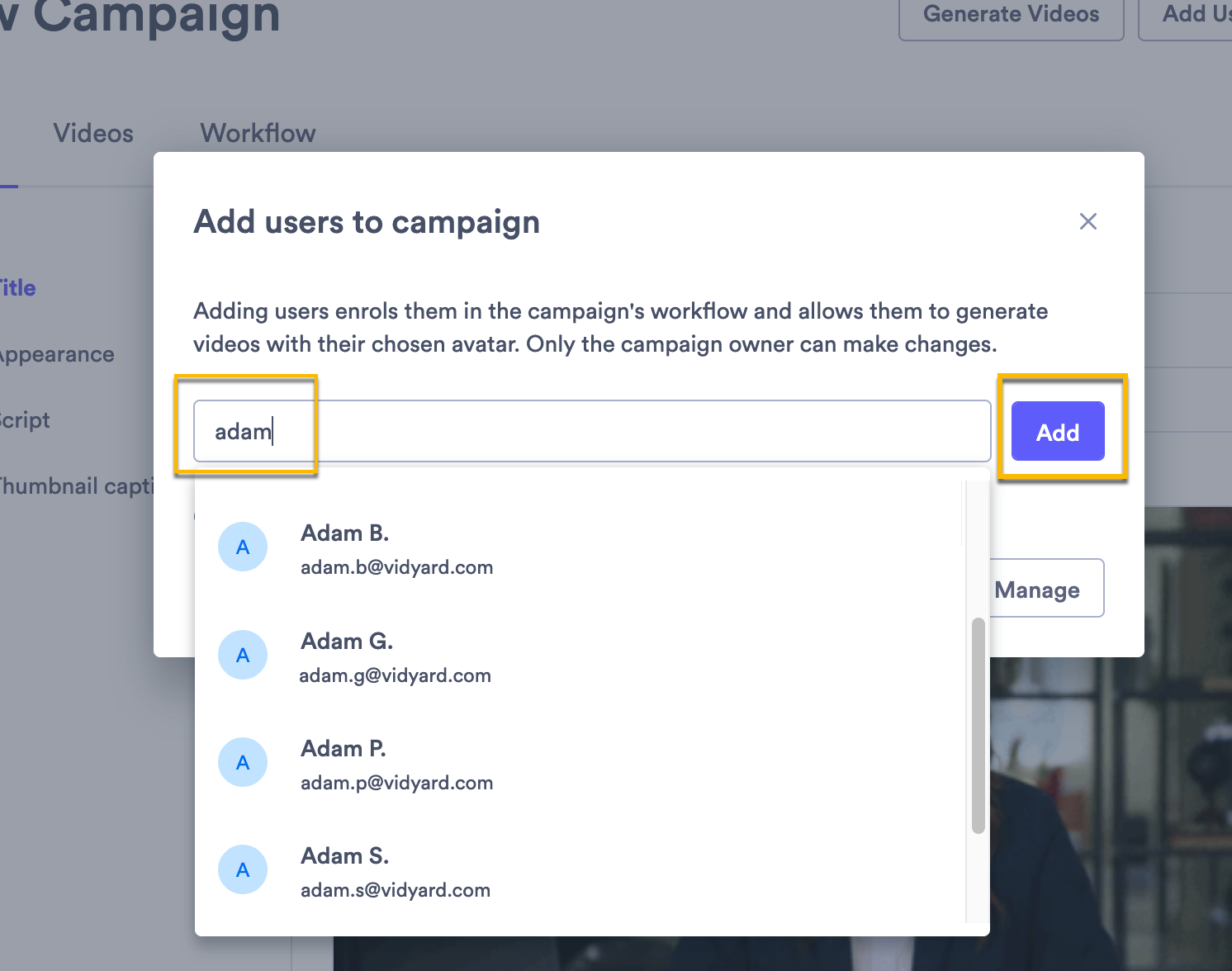 Modal to add users open with name entered in search and list of results