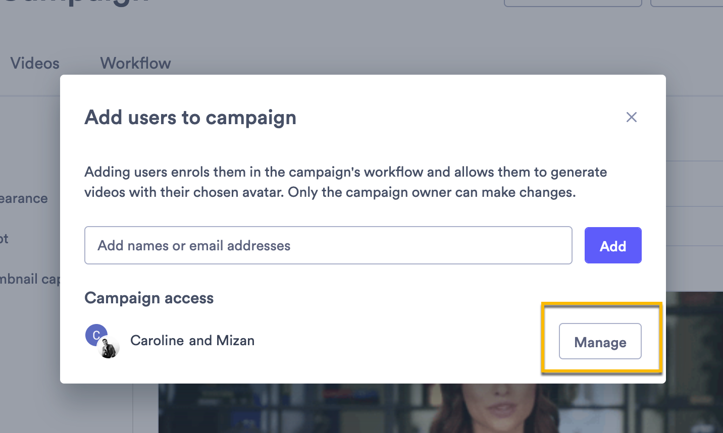 Add users modal open with button to manage users selected