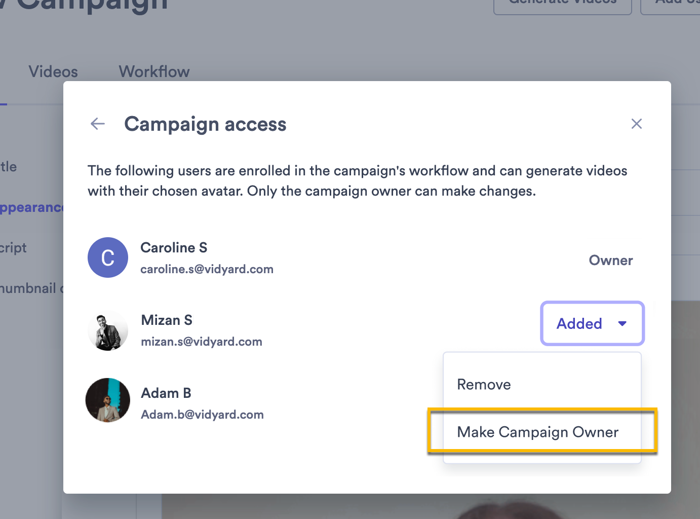 Menu open next to campaign user with option to make user campaign owner selected