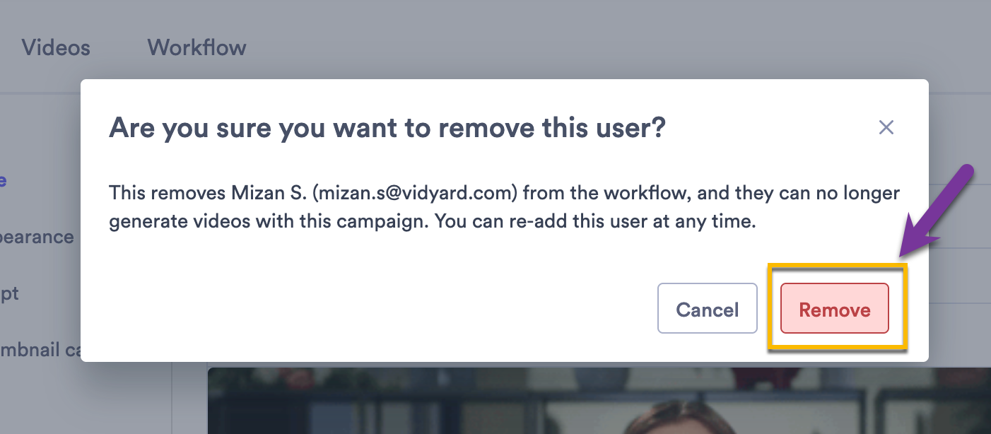 Removal confirmation screen with list of impacts once user is removed