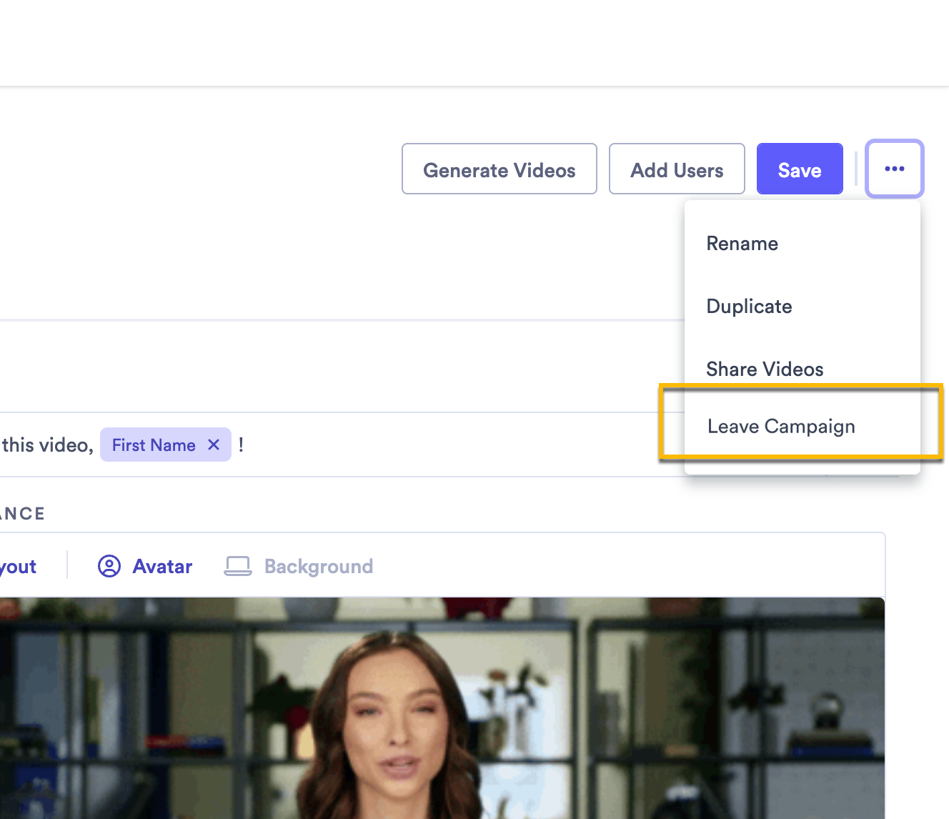 Campaign menu open with option to leave campaign selected from list