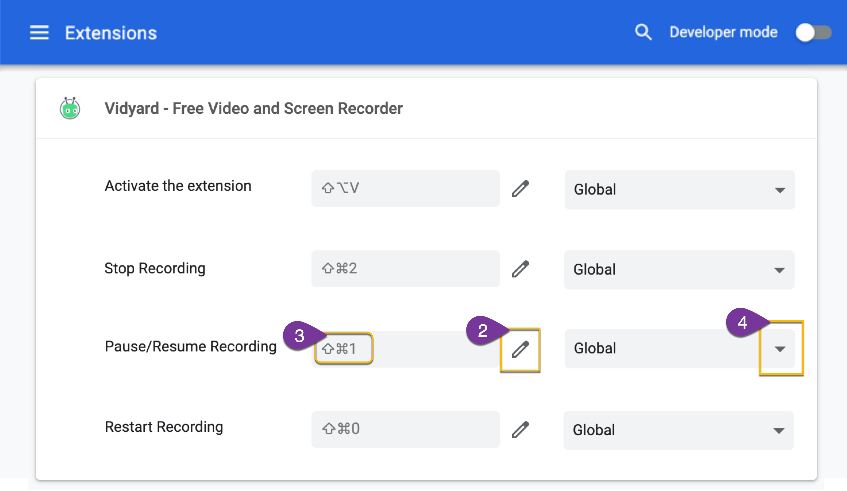 Extension settings page on Chrome showing current keyboard shortcut setup