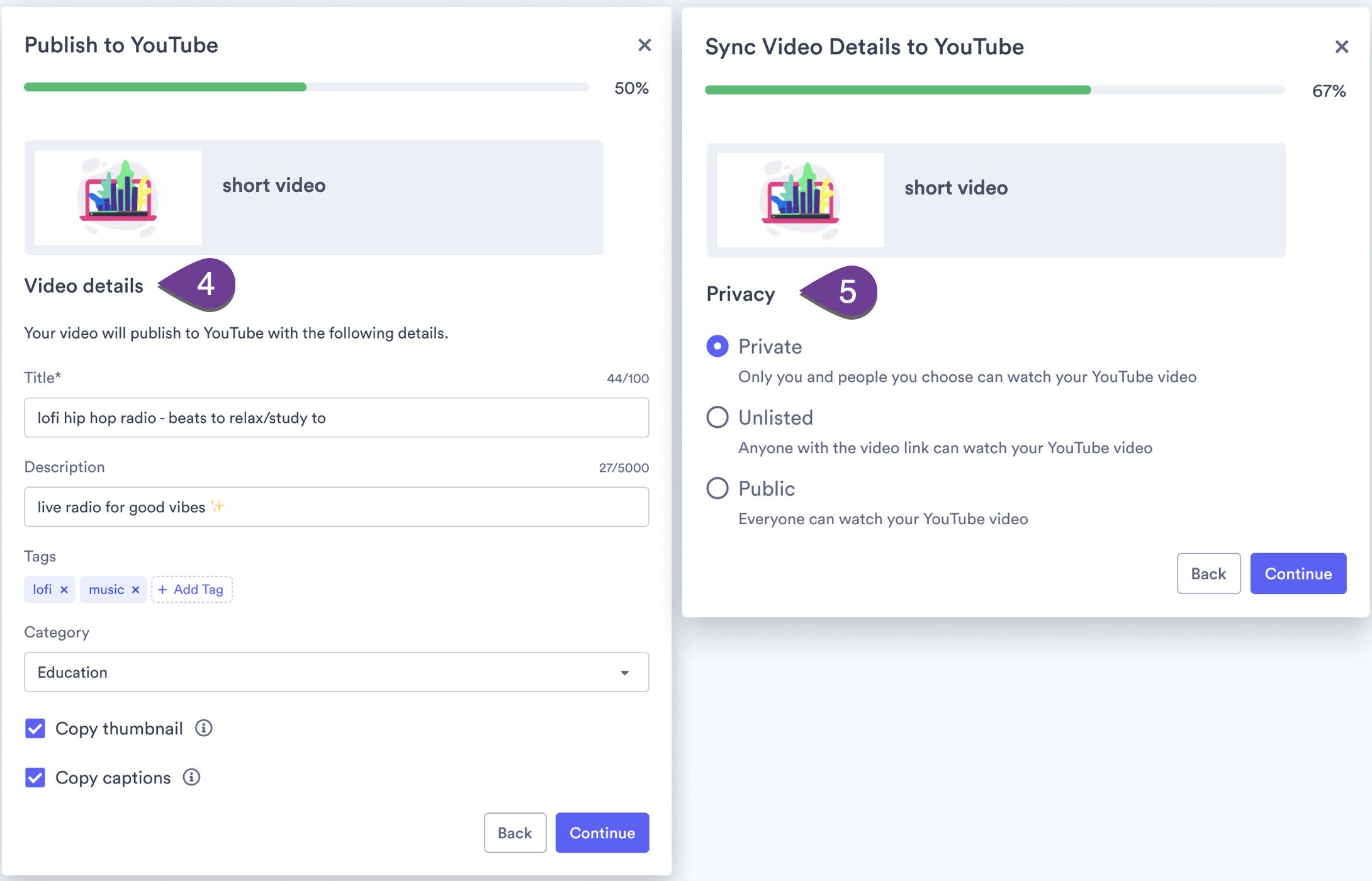 Selecting which video details you want to publish to YouTube, along with the privacy setting