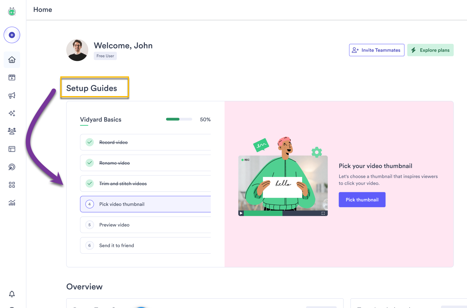 Vidyard Home page showing setup guide checklist in progress