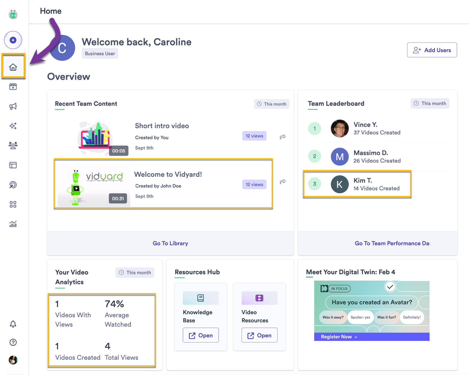 Vidyard Home page showing the information and analytics available in the overview