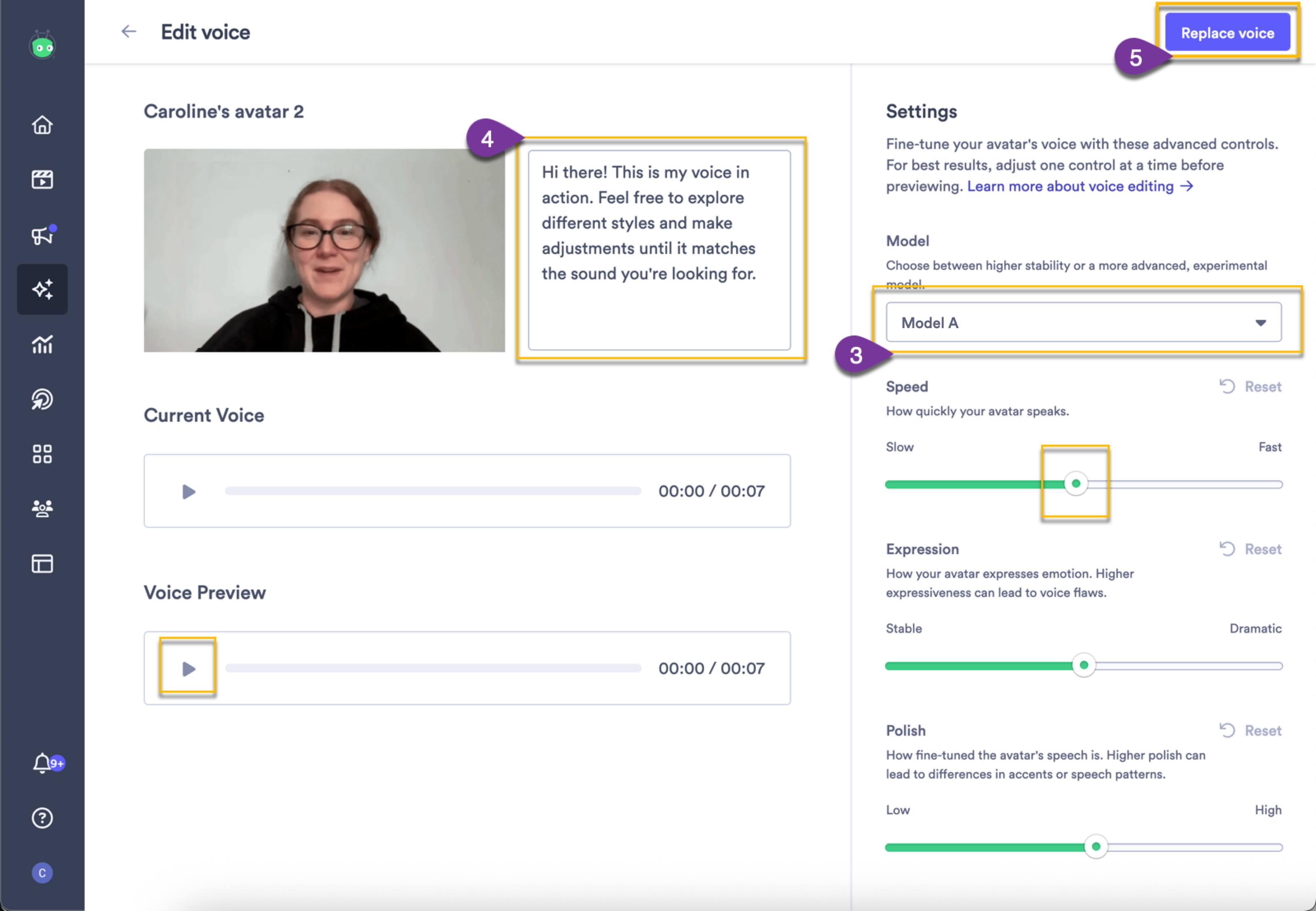 Edit voice screen with dropdown menu and sliders to alter an avatar's voice patterns and replace their voice