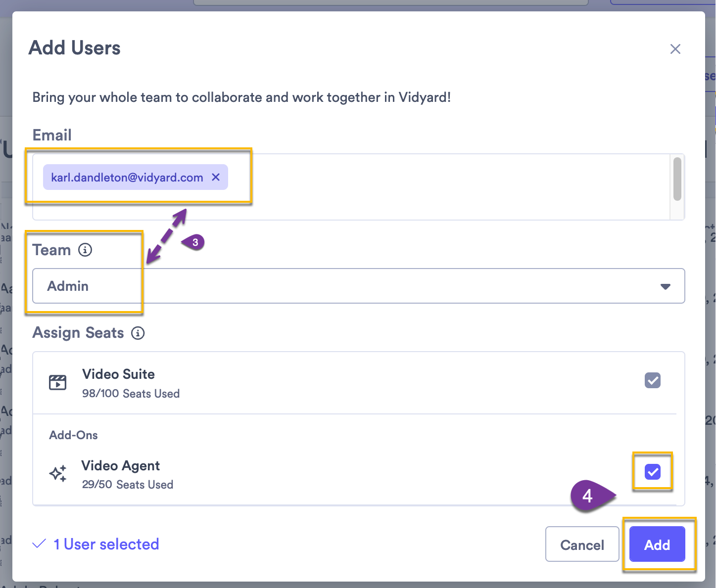Add users page with email in email field, admin team selected from team dropdown, and Video Agent seat box checked, with the Add button highlighted