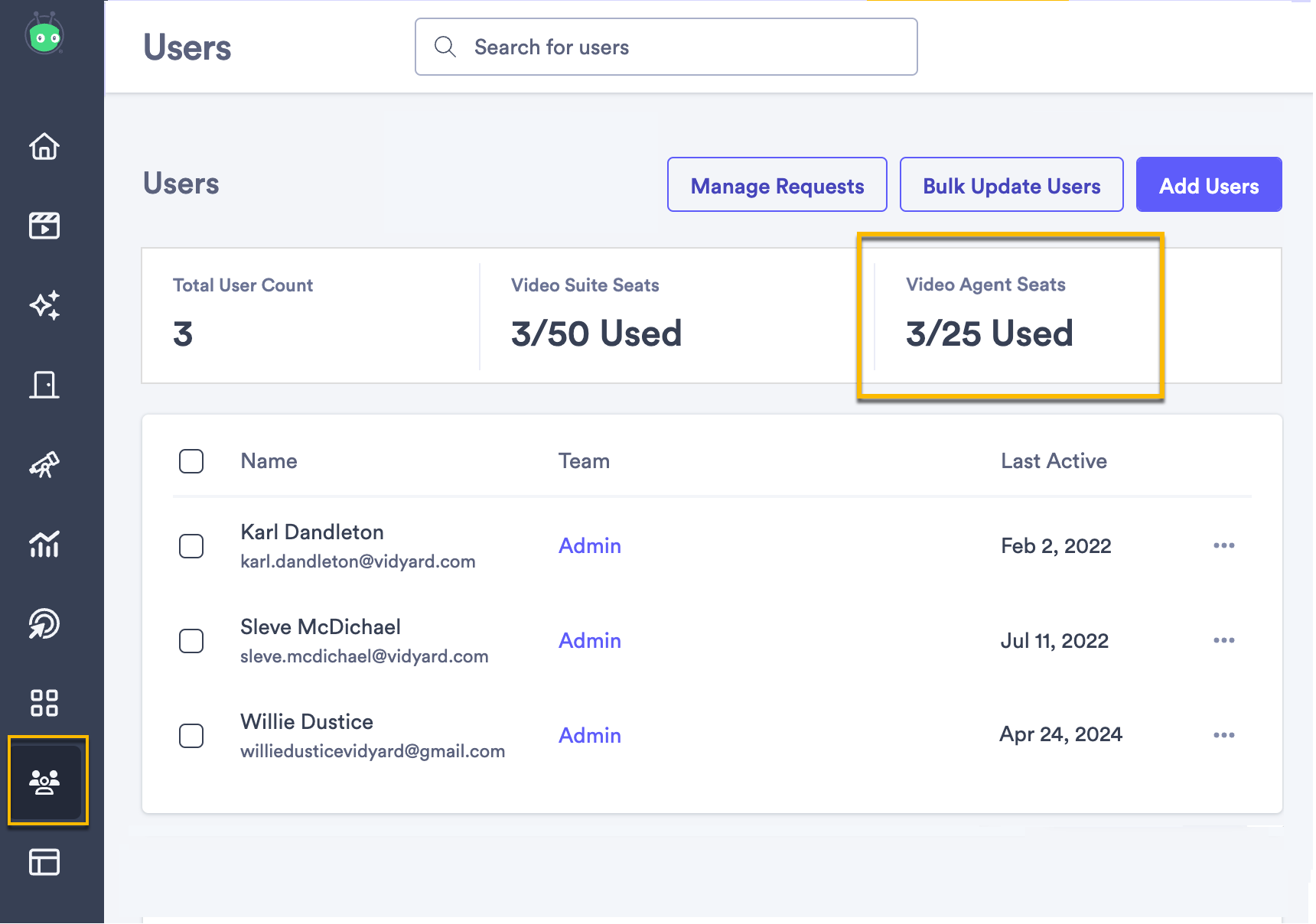 Vidyard users page with Video Agent seat allotment highlighted next to user count and video suite seats